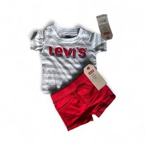 Levi's Gray Striped Tee and Red Shorts Set